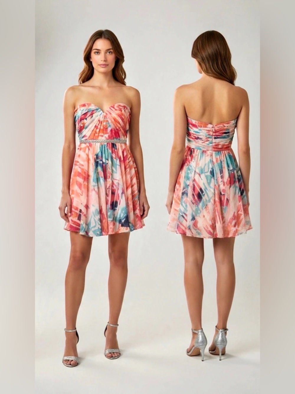 35. Strapless Abstract Mini Dress in Pink & Blue NWOT by Love Reign Juniors sz 7
